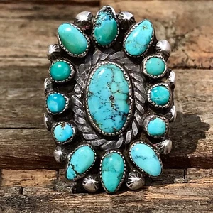 1930s Pawn Navajo Native Long Cluster Vibrant Turquoise Silver Ingot Ring Cute - Bild 1 von 7