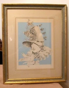 vintage original women bird flower stylized portrait pencil drawing painting Sue - Picture 1 of 10