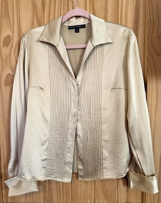 LAFAYETTE 148 Dorado Talla 8 Seda Pin-Tuck Babero Plisado Cuello Abotonado Camisa Top Foto 1 de 4