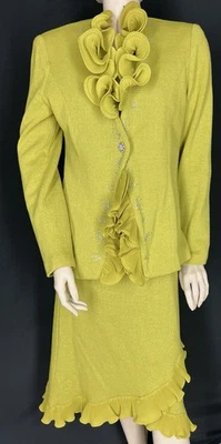 Liorah Chartreuse Santana Ruffled 3 Pc Suit Church Easter Derby Crystal Accent 8 - Image 1 of 4