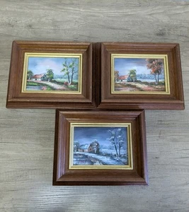 3 X Vintage Season Changing Signed H. KNAUF Framed Mini Oil On Canvas Paintings - Picture 1 of 19