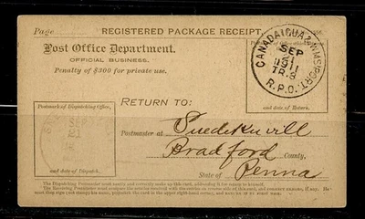 REG.PKG.RECEIPT CARD cdsCANADAAIGUA&WMSIPORT R.P.O. to cds SNEDEKERVILLE PA 1911 - Image 1 of 4