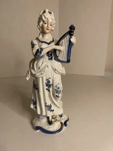 Vintage Colonial/Victorian Woman w/ Harp Blue/White/Gold Detail porcelain 9.5” - Picture 1 of 10