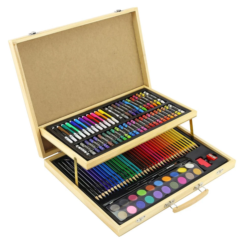 ARTBOSS 108pc WOODEN ART CASE COLOURING PENCILS PAINTING SET CHILDRENS ADULTS