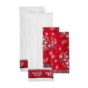 Pioneer Woman Holiday Bath & Hand Towel Set Ditsy Dot Floral Red Cotton 4Pc New