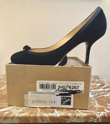 CHRISTIAN LOUBOUTIN Black Suede 70mm Kitten Heel Pump w/Grosgrain-Bows LAST PAIR - Image 1 of 4