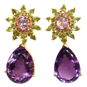 Edelstein 16 X 22 Mm. Purple-Amethyst Peridot Rhodolith Ohrringe 925 Silber - Bild 1 von 5