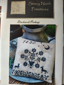 Stacy Nash BLACKWORK PINKEEP Cross Stitch Chart Primitive Flower Urn Cat - Picture 1 of 4