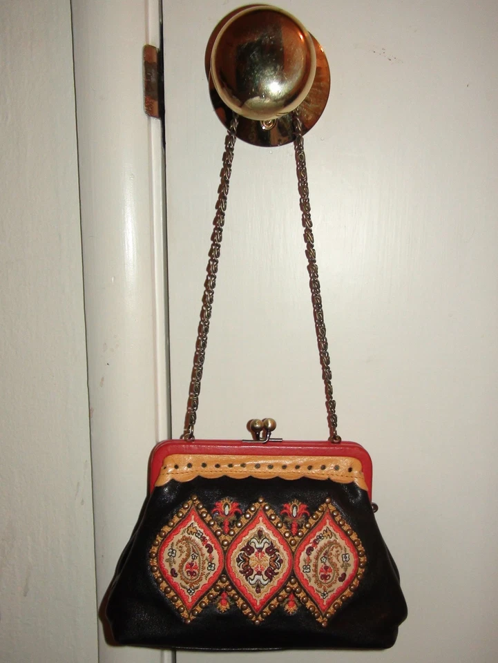 Isabella Fiore Embroidered Black Leather Small Handbag Purse Metal Chain - Image 1 of 1