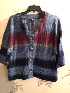 IZ Byer Ombre Cardigan donna L scollo a V manica 3/4 cropped blu e rosso grande usato in ottime condizioni - Foto 1 di 6