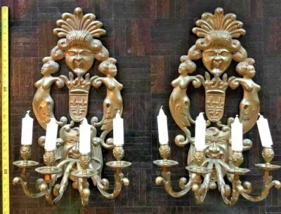 Antique HUGE Renaissance Revival CARYATIDS  FLEUR LYS GARGOYLE BRASS Sconces 27" - Image 1 of 4