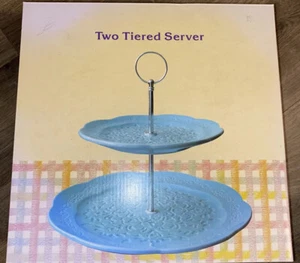 Two-Tiered Glass Server Turquoise From Cracker Barrel New Box Has Stain - Picture 1 of 7