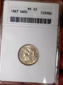 THREE CENT NICKEL 1967 OLD ANACS MS 63++++ MAJOR UNDER GRADE WOW COIN - Picture 1 of 4