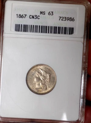 THREE CENT NICKEL 1967 OLD ANACS MS 63++++ MAJOR UNDER GRADE WOW COIN - Image 1 of 4