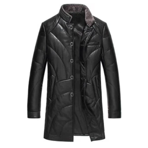 Winter Mens PU Leather Stand Collar Mid long Coats Down Jacket Outwear Warm Slim - Picture 1 of 19