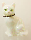 Fenton White Iridescent Cat w/Ruby/Garnet Necklace Green Eyes Artist Signed