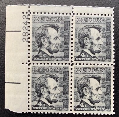 1965 US SCOTT #1282 PRESIDENT ABRAHAM LINCOLN 4C PLATE BLOCK OF 4 MNH OG VF - Image 1 of 2