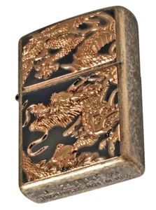 Zippo 3D Dragón Negro Oro Placa Electroformada Latón Barril Estuche Regular Japón - Imagen 1 de 5