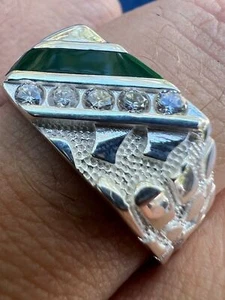 Mens Real Solid 925 Sterling Silver Nugget Green Iced CZ Ring Hip Hop - Picture 1 of 12