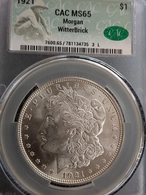 Dólar de plata Morgan 1921 CAC MS65 WitterBrick gema blanca 666 Foto 1 de 3