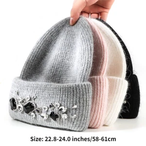 Cappello da donna in maglia berretto cristallo strass decorazione berretto da sci inverno caldo lavorato a maglia casual - Foto 1 di 16