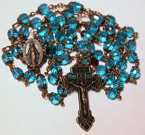 Antique Copper Blue Czech Crystals 27 1/2" Rosary,Rosario,Handmade & free Gift - Picture 1 of 12