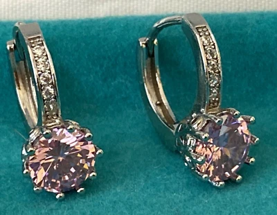 Pretty New Silver Plated 10mm Round Pink CZ w/Accents Leverback Dangle Earrings - Image 1 of 4