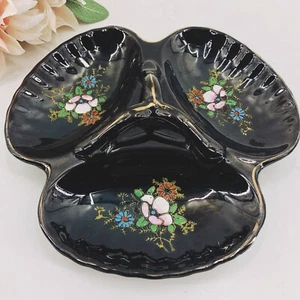 Plato Dividido Negro De Colección Pintado a Mano Flores Moriage con Mango Borde Dorado Japón - Imagen 1 de 5