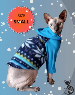 Winter Fleece Hoodie for Cats - SMALL, Cozy Blue & Turquoise Pajamas - Image 1 of 3
