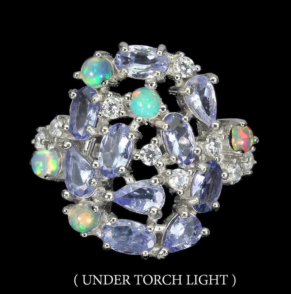 925 Anello Argento Sterling Ovale Tanzanite 5x3mm Opale di Fuoco Gemma Gioielli - Immagine 1 di 4