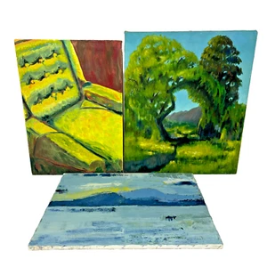 Konvolut 3 Original Gemälde auf Leinwand Baumstillleben Sofa Berglandschaft - Bild 1 von 24