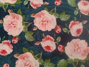 CANDACE ALLEN PINK ROSES BLUE FILIGREE DAVID TEXTILES COTTON PATCHWORK FABRIC - Picture 1 of 6