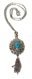 Faux Türkis Anhänger Halskette silberfarben detailliert aufwendige Fransen 16" Länge - Bild 1 von 9
