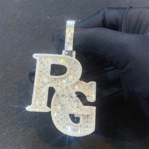4.5CT Round Cut Real Moissanite Men's RG Letter Pendant 14k White Gold Plated - Picture 1 of 4