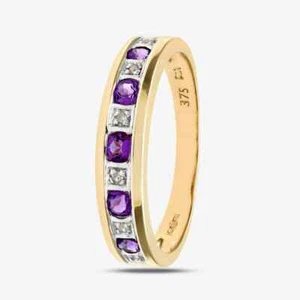 Anillo de media eternidad conjunto de canales de amatista y diamantes de oro amarillo de 9 quilates PR03027Y AM - Imagen 1 de 4