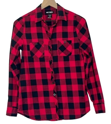 Camisa con botones Hot Topic Buffalo a cuadros negra roja franela talla pequeña Foto 1 de 3