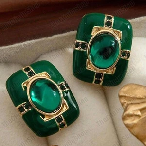 CLIP ON green ENAMEL&CRYSTAL square EARRINGS non-pierced RETRO vintage style - Picture 1 of 4