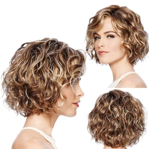 Women Gold Brown wig Short Wavy Curly Parting High Temperature Fiber Wig Hair - Picture 1 of 7