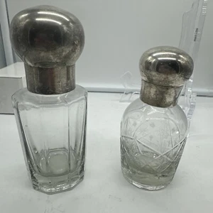 Set Of 2Antique Cut Glass Vanity Bottles w/Silver Plate Lids - Picture 1 of 9