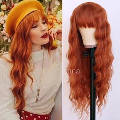 Heat Resistant Orange Synthetic Hair Wigs No Lace Cosplay Party Wig Full Bangs - Image 1 of 4