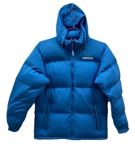RARE Undefeated Puffer Jacket Size Medium Spellout Hooded Full Zip Baby Blue - Picture 1 of 10