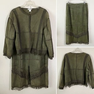 Conjunto de chaqueta y falda de gamuza vintage ganchillo vaquera occidental boho verde oliva 2X - Imagen 1 de 16