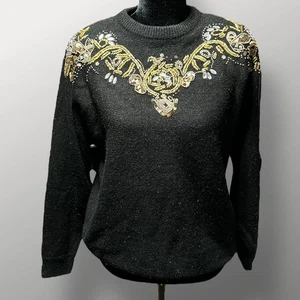 Maglione vintage Alfred Dunner nero oro impreziosito L festa glam - Foto 1 di 7