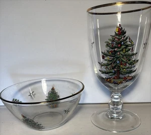 Spode Christmas Tree 7" Wasserglas Kelch & 5,5" Schale Goldrand - Bild 1 von 5
