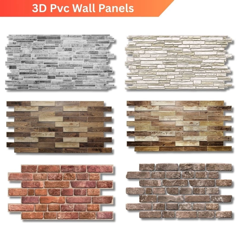 Stone Brick Wood Effect 3D PVC Plastic Wall Panels Decorative Cladding Tile - Image 1 of 1