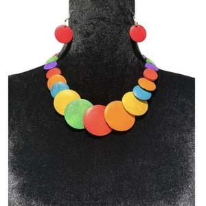 Multicolor Painted Wood Statement Necklace and Earrings Set NWOT - Picture 1 of 3