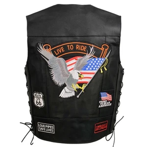 Chaleco de motocicleta para hombre de cuero negro 9 parches chaleco de encaje lateral ELM3930 - Imagen 1 de 10