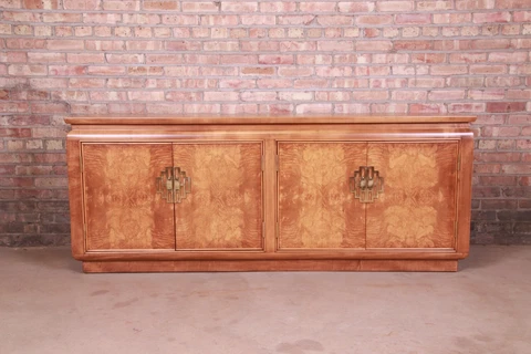 Raymond Sobota for Century Hollywood Regency Chinoiserie Burl Wood Sideboard Cover