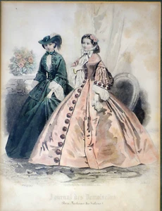 Grabados en acero, 2 uds. coloreados, moda femenina, aprox. 1870. Journal des Demoiselles, enmarcado - Imagen 1 de 7