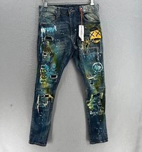 Smoke Rise Jeans Mens 32X32 Blue Skinny BLASTED Graffiti Splatter Distressed - Picture 1 of 10